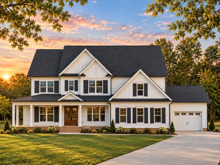 Top Designer-Approved House Plans 21 Front elevation of a Traditional Colonial style home with horizontal siding, brick accents, symmetrical windows, and a covered front porch