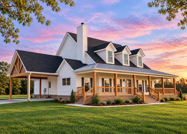 Top Designer-Approved House Plans 23 Front elevation of a Modern Farmhouse with white board and batten siding, black roof, dormer windows, and full wraparound porch