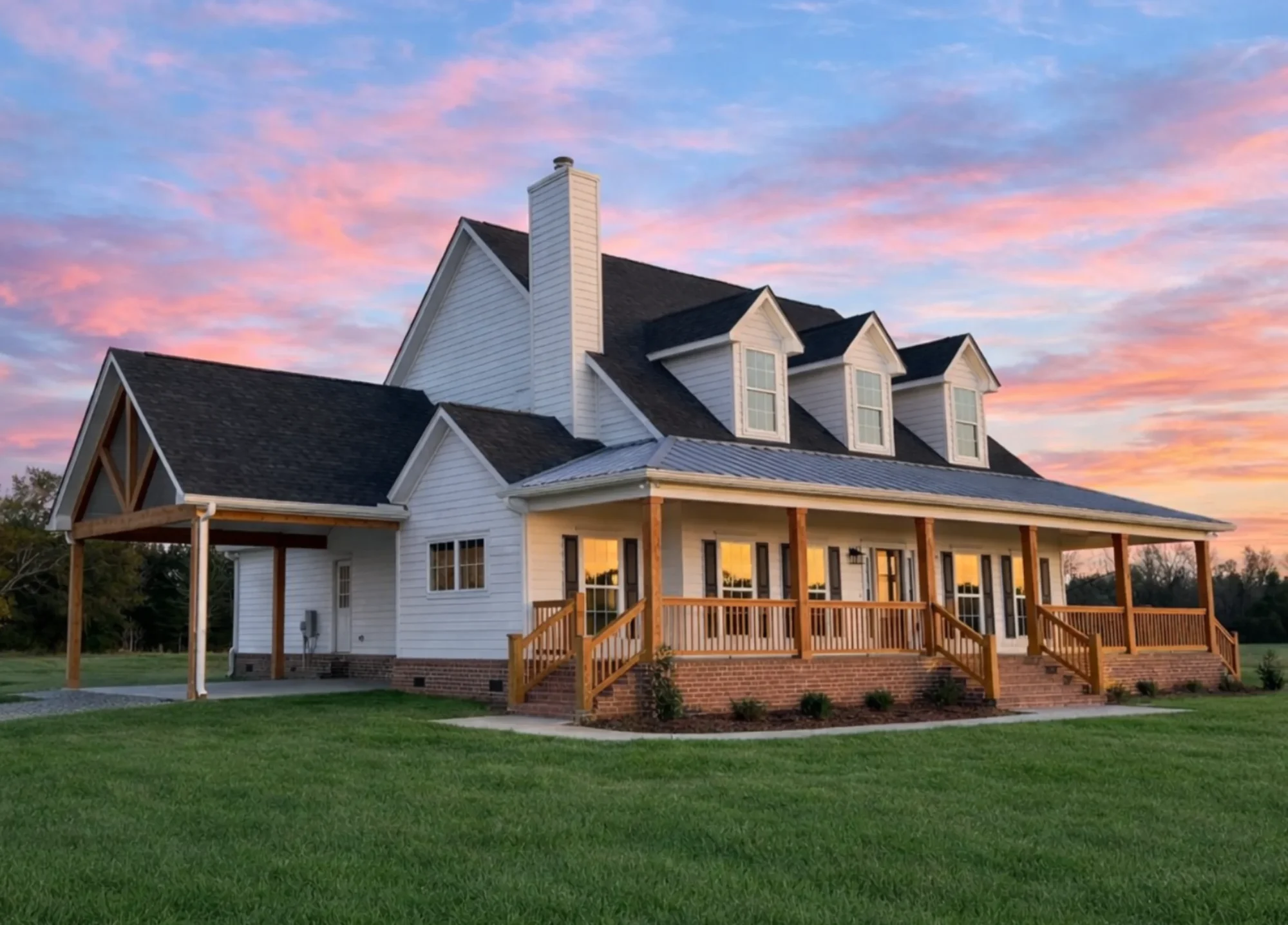 Front elevation of a Modern Farmhouse with white board and batten siding, black roof, dormer windows, and full wraparound porch