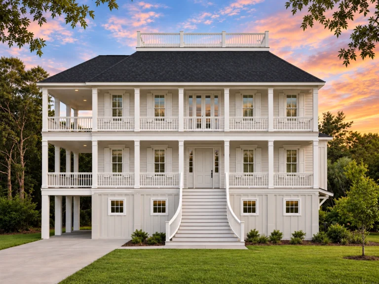 Front view of a Charleston Colonial style home featuring double stacked porches, classic white siding, and a raised foundation with graceful central staircase.