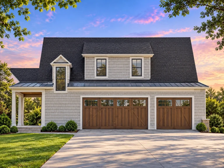 Front elevation of a Carriage House and Modern Farmhouse style garage apartment with lap siding, stone base, and classic dormer windows