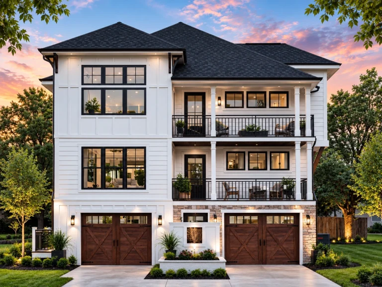 Front elevation of a Coastal Traditional Charleston-style house featuring horizontal siding, stone base, stacked porches, and double garage