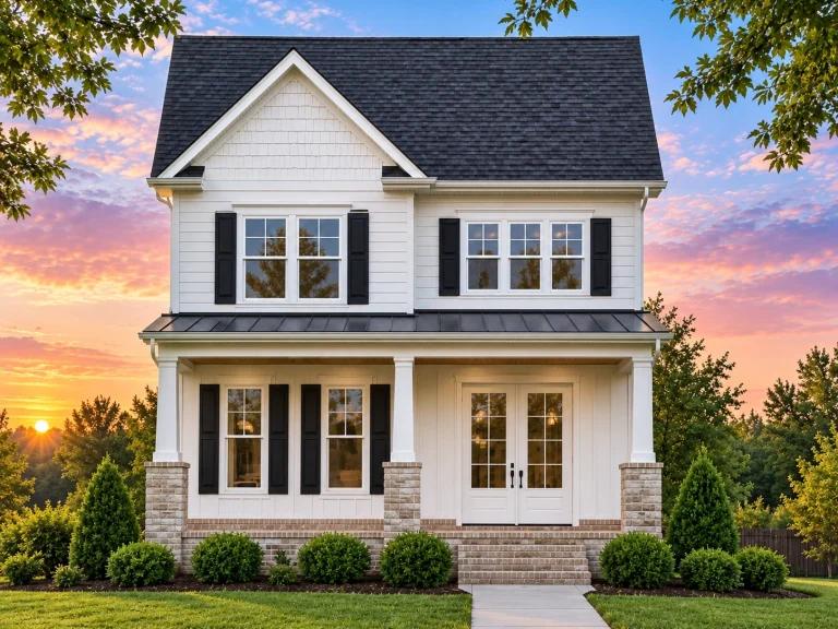 Classic Two-Story Colonial Home Exterior with Symmetrical Front Elevation