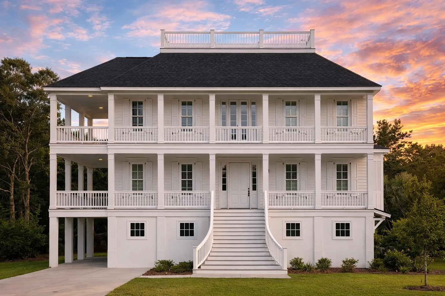 Front view of a Charleston Colonial style home featuring double stacked porches, classic white siding, and a raised foundation with graceful central staircase.