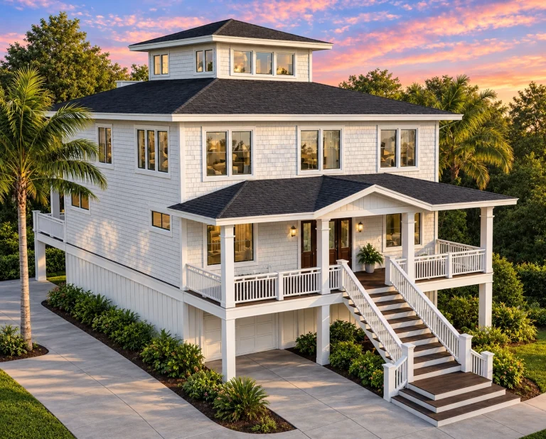 Front exterior view of a Coastal Low Country style home with elevated design, wide porches, horizontal siding, and classic Southern architectural details