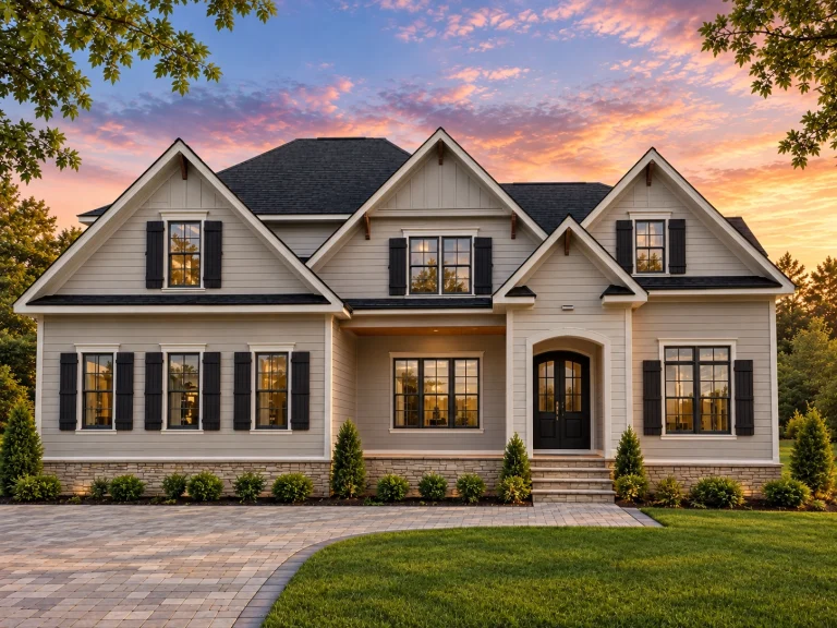 Front exterior view of a New American Traditional house with Colonial symmetry, horizontal siding, black shutters, and centered covered entry