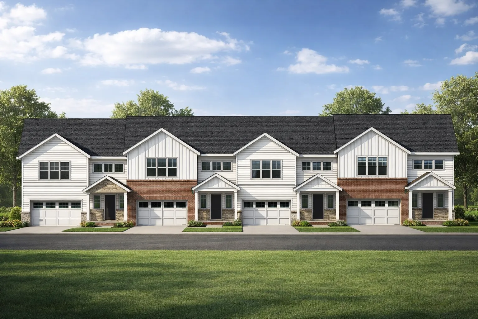 House Plans with Outdoor Fireplace 27 Front elevation of New American modern traditional townhomes featuring board and batten siding, brick accents, front-entry garages, and symmetrical rooflines