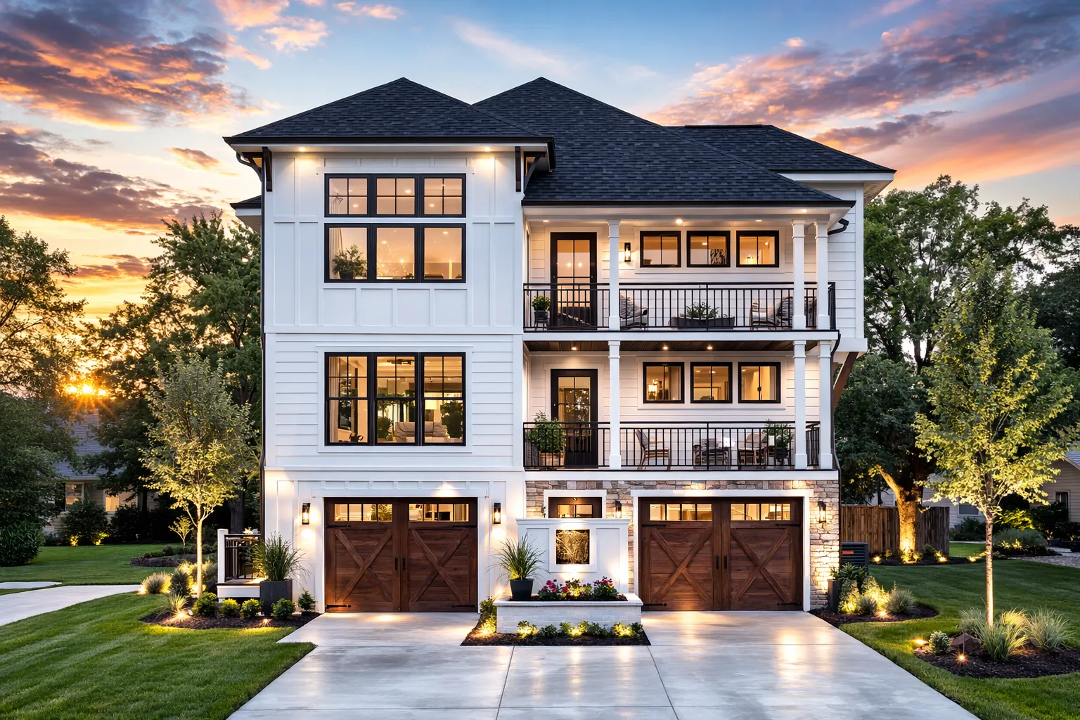Front elevation of a Coastal Traditional Charleston-style house featuring horizontal siding, stone base, stacked porches, and double garage