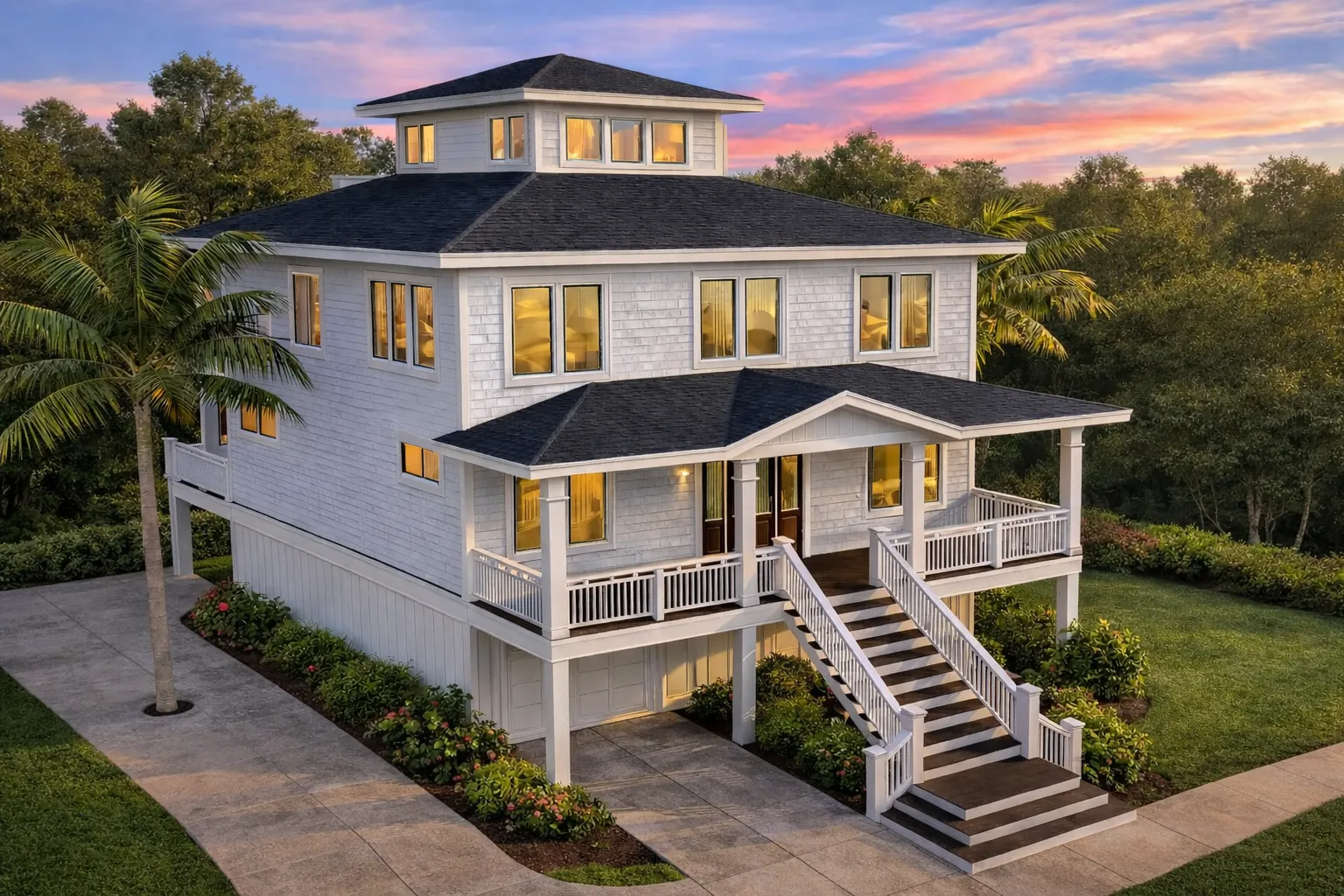 Front exterior view of a Coastal Low Country style home with elevated design, wide porches, horizontal siding, and classic Southern architectural details