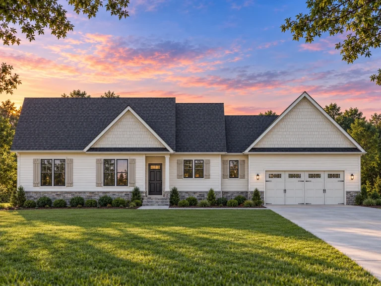 Ranch House Plans 24 Front elevation of a Traditional Ranch style home featuring vinyl siding, shingle gable accents, black shutters, and a two-car garage