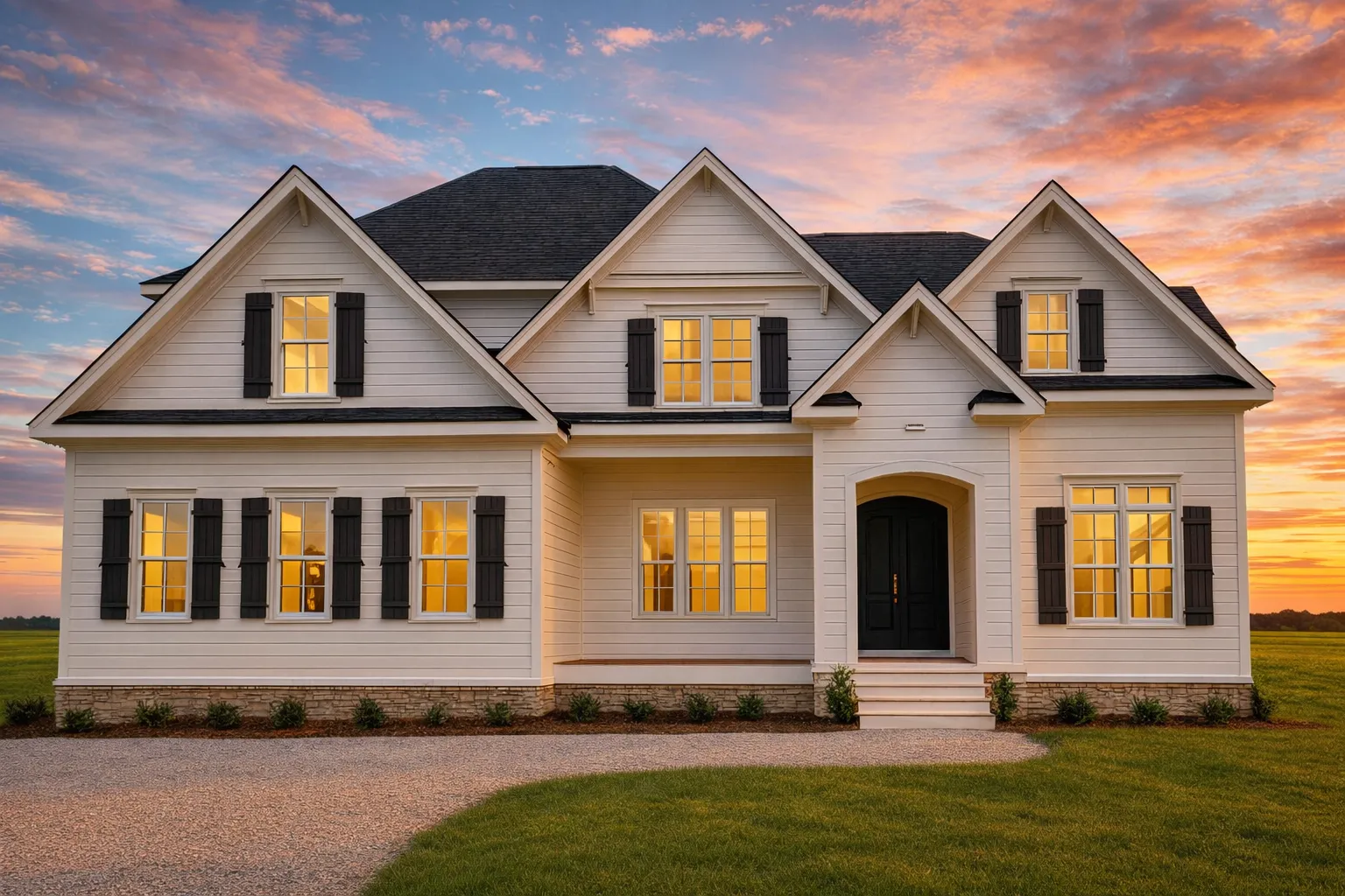 Front exterior view of a New American Traditional house with Colonial symmetry, horizontal siding, black shutters, and centered covered entry