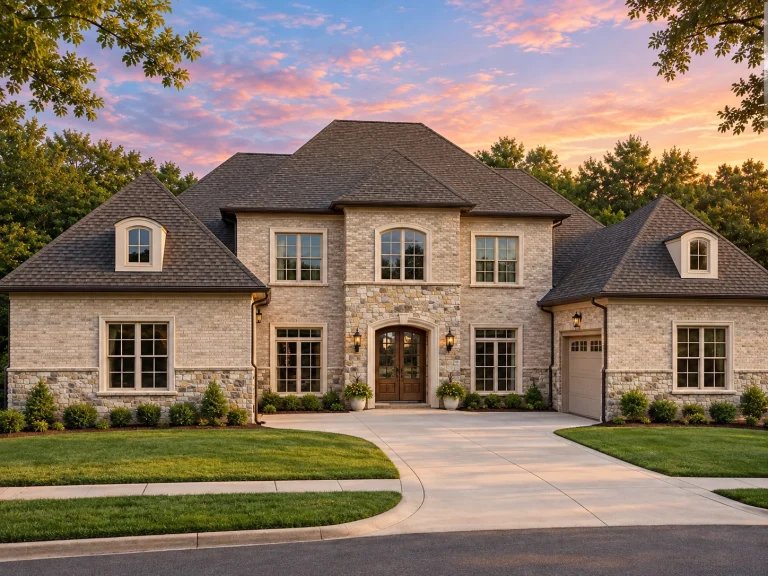 Front elevation of a French Country style home with brick exterior, stone accents, arched windows, and symmetrical European design