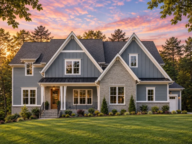 Ranch House Plans 20 Front exterior of a New American modern traditional home with Colonial Revival influence, gray lap siding, board and batten accents, gabled rooflines, and covered front porch