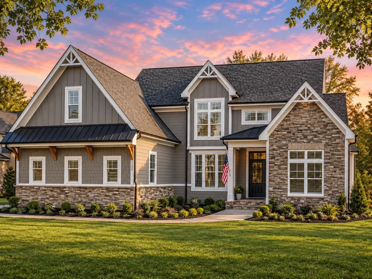 Front elevation of a New American Craftsman style house featuring horizontal lap siding, stone veneer accents, steep gables, and a covered front porch