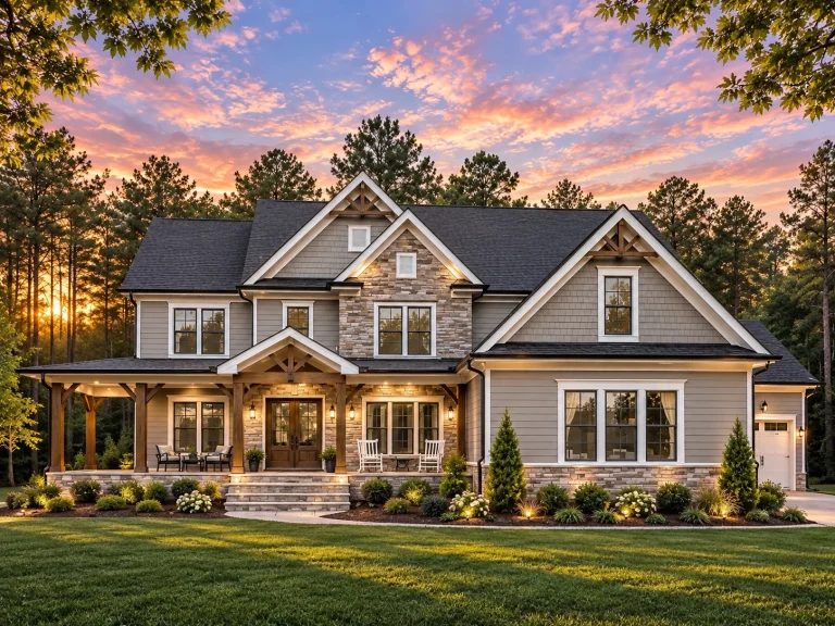 House Plans with Fireplace 5 Front exterior view of a New American Modern Traditional house with horizontal siding, stone accents, gabled rooflines, and a welcoming covered front porch