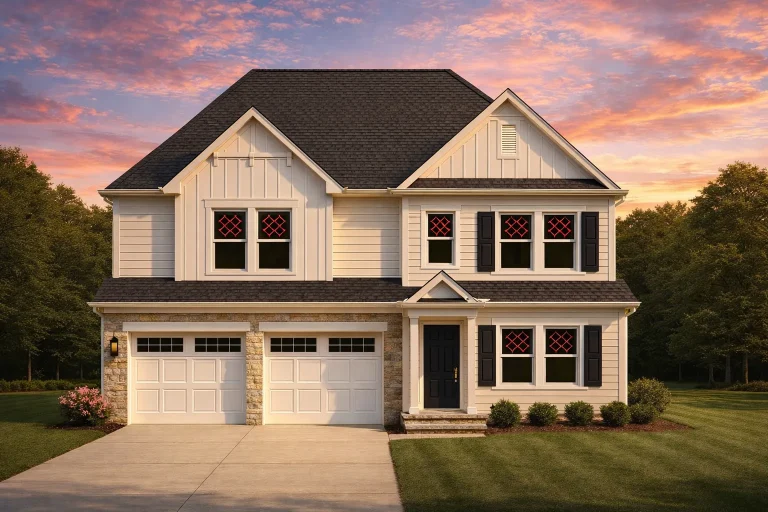 Front elevation of a Modern Traditional farmhouse style home with board and batten siding, stone accents, black shutters, and a symmetrical two-story design