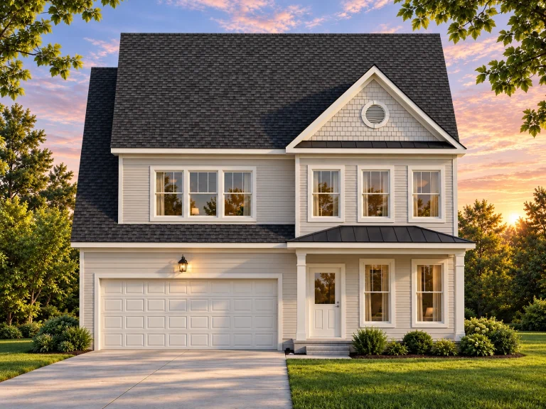 Front elevation of a two-story Modern Farmhouse with board and batten siding, dark roof, stone foundation base, and black-trimmed windows