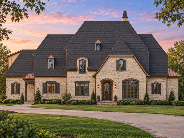 Front elevation of a French Country style home featuring a light brick exterior, steeply pitched roof, arched entry, and classic European architectural detailing
