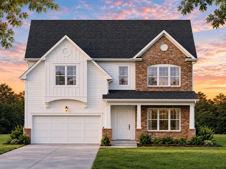 Front elevation of a New American style two-story house featuring brick veneer, horizontal siding, symmetrical windows, and an attached garage
