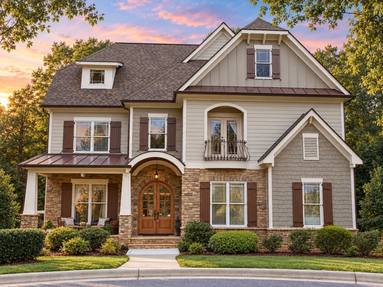 Front elevation of a Traditional Colonial style home with brick exterior, lap siding, arched entry door, and balanced window symmetry