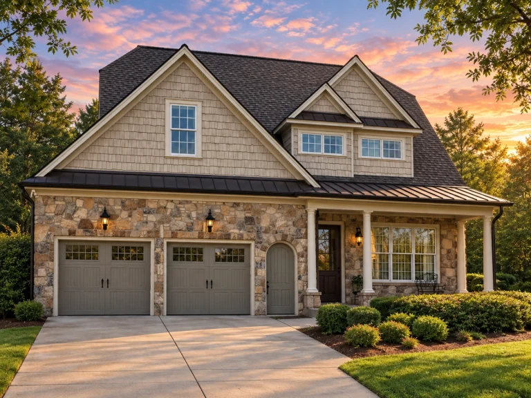 House Plans with Kitchen Island 24 Front exterior view of a Shingle Style Traditional home with stone façade, cedar shake siding, gabled rooflines, and classic garage-forward design