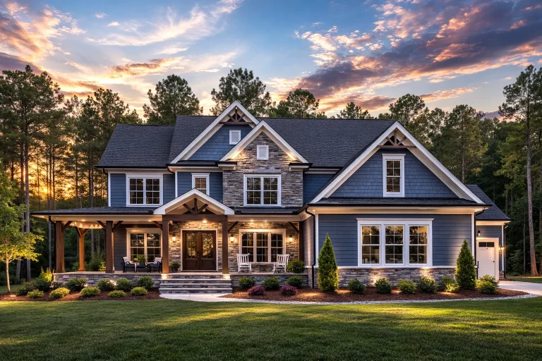 Front exterior view of a New American Modern Traditional house with horizontal siding, stone accents, gabled rooflines, and a welcoming covered front porch