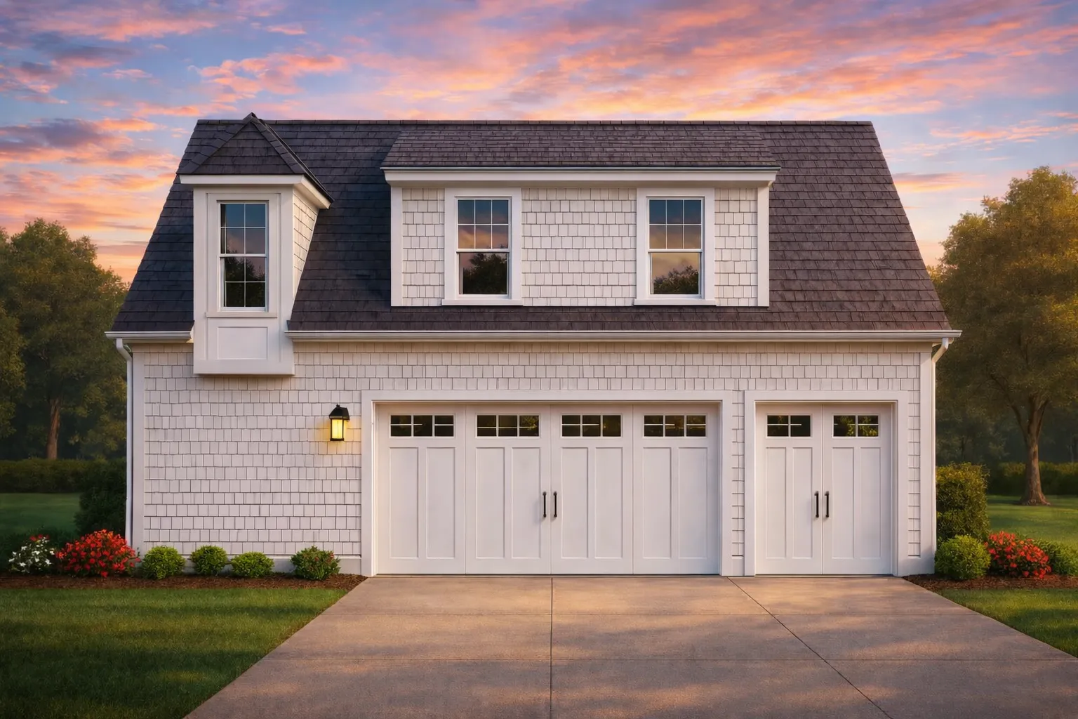 Front elevation of a Carriage House and Modern Farmhouse style garage apartment with lap siding, stone base, and classic dormer windows