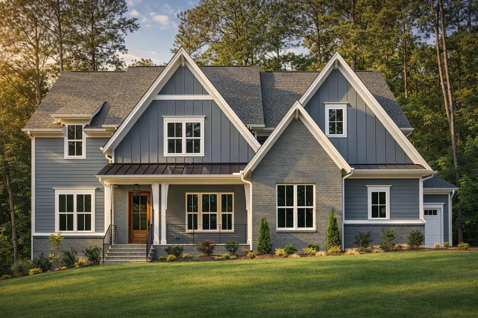 Front exterior of a New American modern traditional home with Colonial Revival influence, gray lap siding, board and batten accents, gabled rooflines, and covered front porch