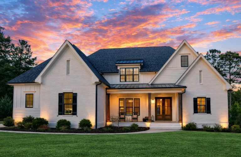 Front exterior view of a New American Modern Traditional house with painted brick, board and batten siding, symmetrical gables, and warm entry lighting