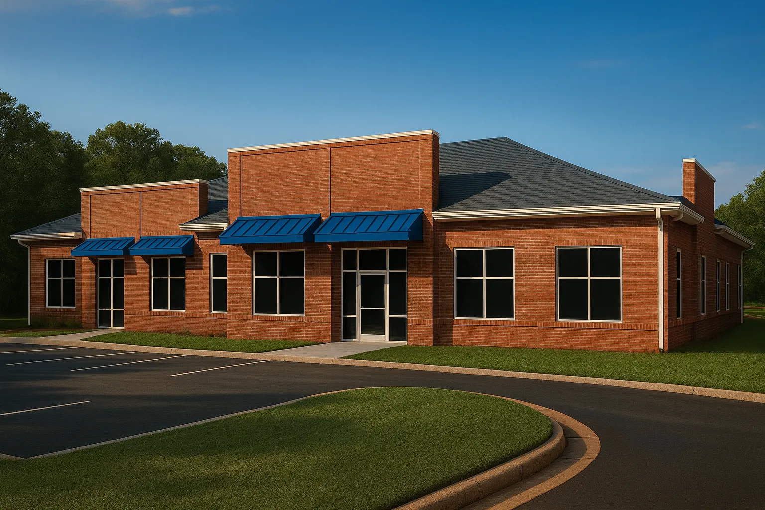 Front view of a modern commercial brick office building featuring large windows, blue awnings, and contemporary professional curb appeal