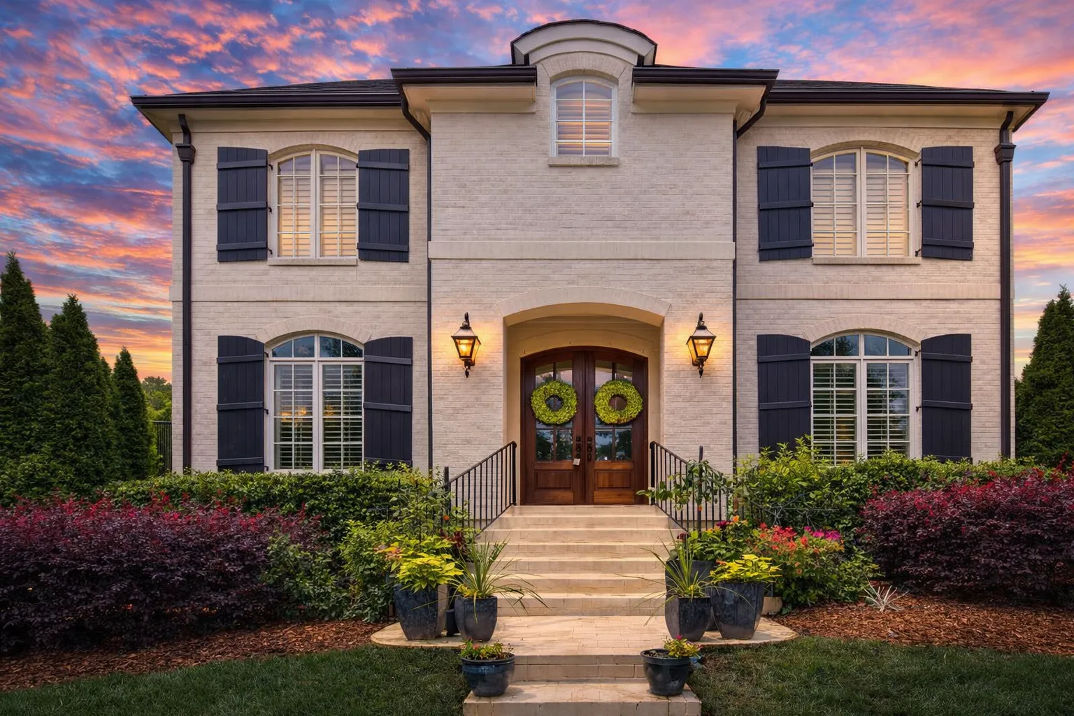 Front exterior view of a Traditional Colonial style home with symmetrical design, lap siding, black shutters, and central entry