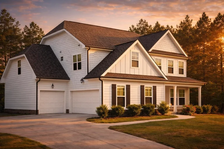 Front exterior of a modern farmhouse style two-story home with white board and batten siding, black shutters, and attached garage