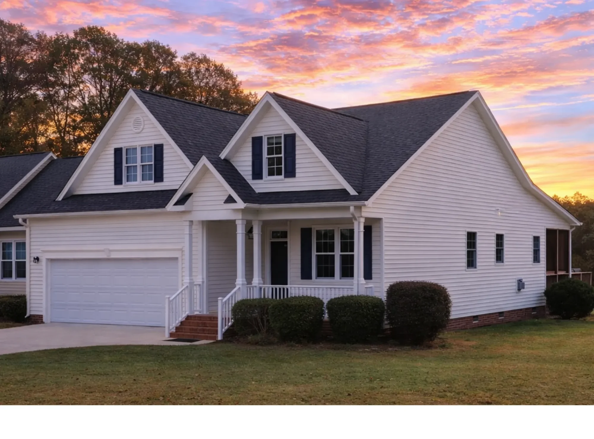 Front elevation of a Cape Cod and Traditional Suburban style home with vinyl siding, brick accents, steep rooflines, and welcoming covered porch
