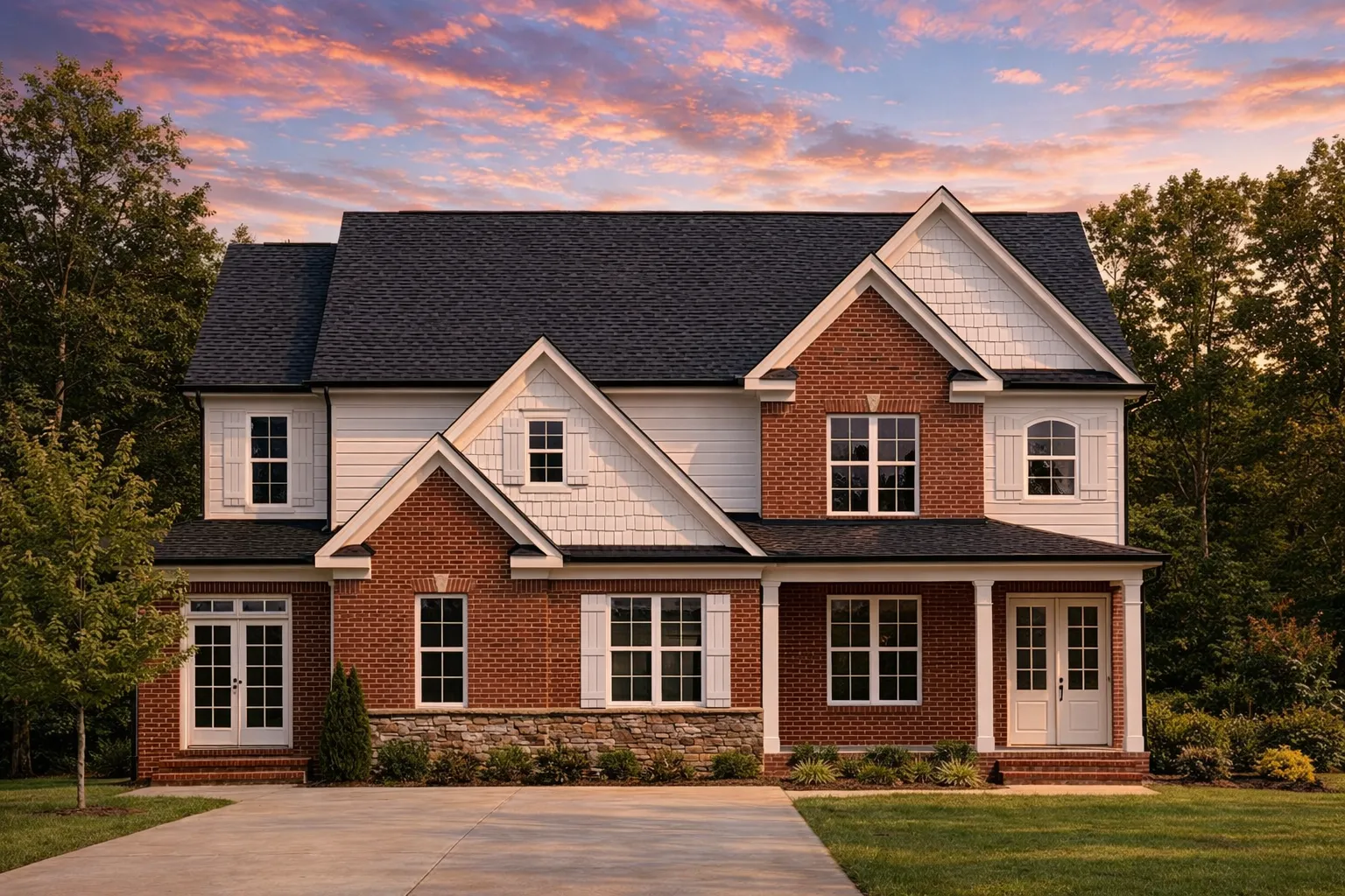 Front elevation of a New American style home featuring brick and horizontal siding, symmetrical windows, gabled rooflines, and traditional colonial detailing