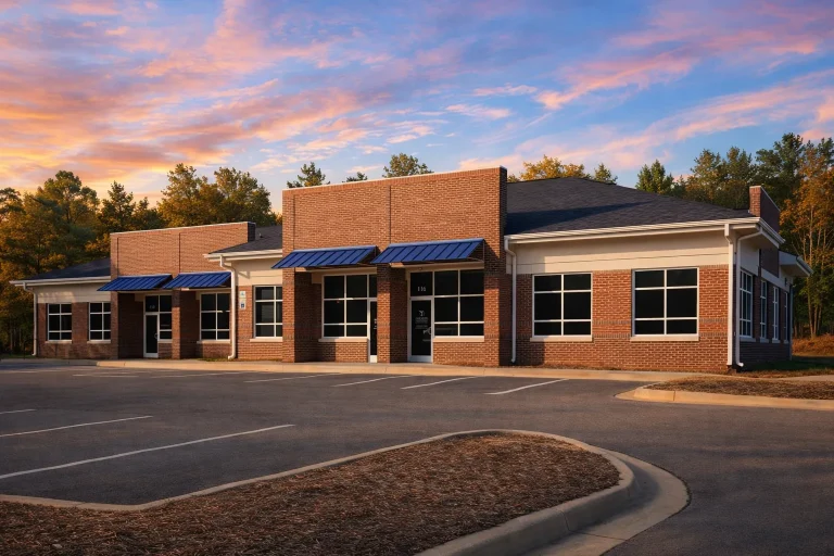 Front elevation of modern commercial contemporary brick office building with blue metal awnings and large storefront windows
