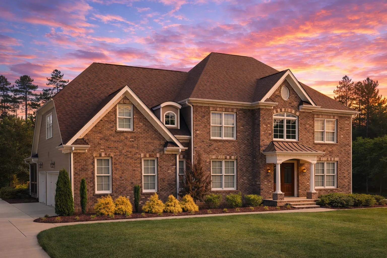 Front view of Georgian and Traditional Colonial style home with full brick exterior, dark shutters, arched entry, and steep gable roof