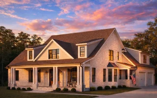 Front exterior of a New American style home with painted brick exterior, classic Colonial proportions, covered front porch, and symmetrical gabled rooflines