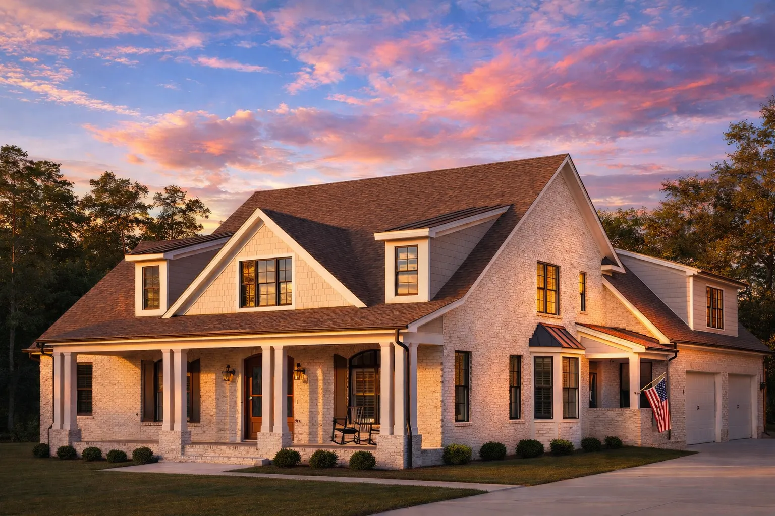 Front exterior of a New American style home with painted brick exterior, classic Colonial proportions, covered front porch, and symmetrical gabled rooflines