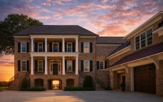 Front exterior of a Georgian Colonial style brick home featuring symmetrical architecture, double stacked porches, classical columns, and a side-entry garage