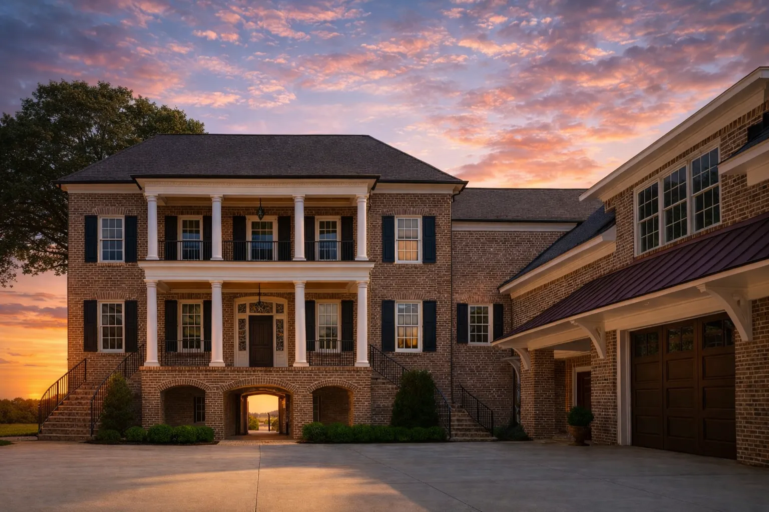 Front exterior of a Georgian Colonial style brick home featuring symmetrical architecture, double stacked porches, classical columns, and a side-entry garage
