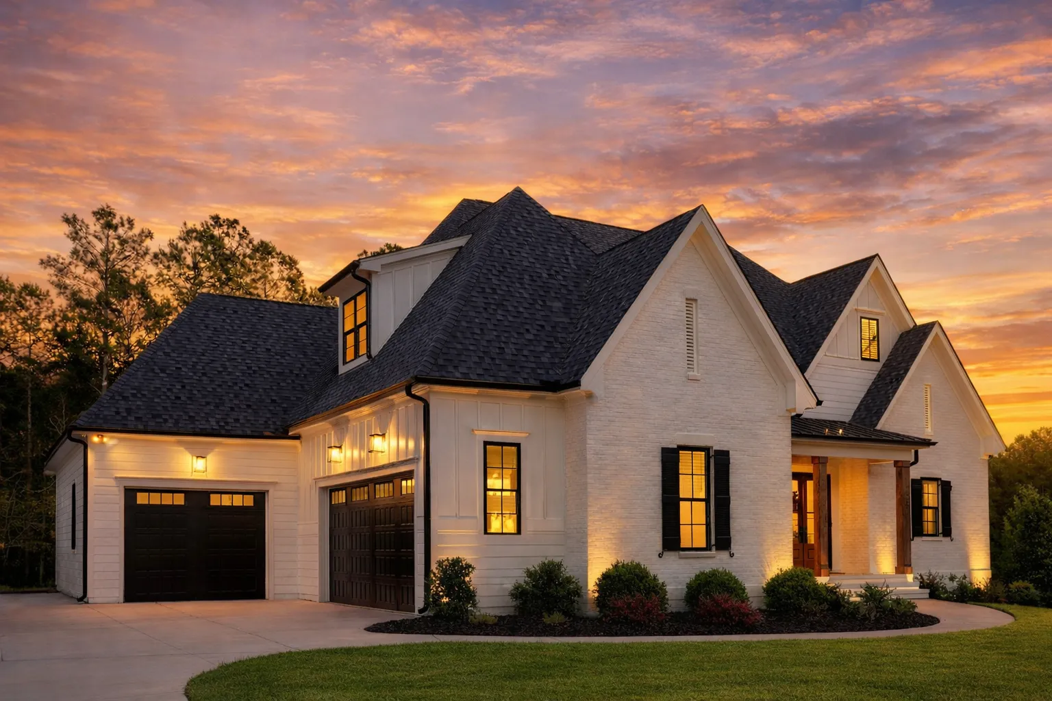 4 Bedroom House Plans 20 Front exterior view of a New American Modern Traditional house with painted brick, board and batten siding, symmetrical gables, and warm entry lighting