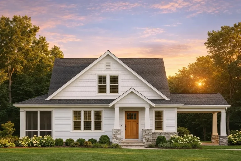 Front elevation of a Craftsman Cottage home featuring stone porch columns, shake siding, and inviting architectural trim details under a steep gable roof