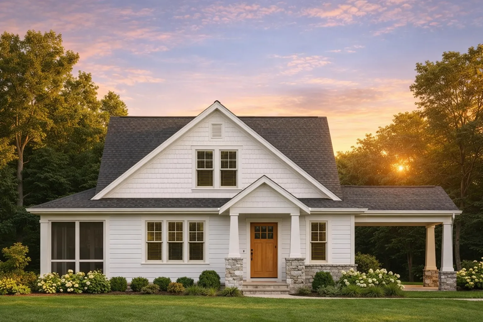 Front elevation of a Craftsman Cottage home featuring stone porch columns, shake siding, and inviting architectural trim details under a steep gable roof