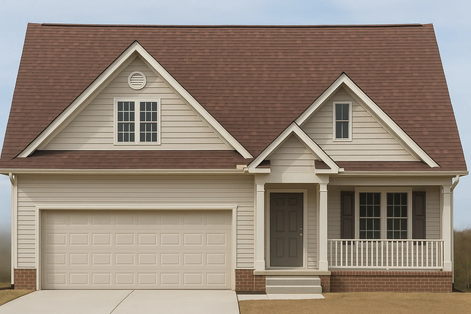 Front elevation of a Cape Cod and Traditional Suburban style home with vinyl siding, brick accents, steep rooflines, and welcoming covered porch