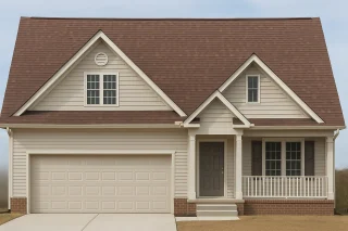 Front elevation of a Traditional Suburban style home with Cape Cod and Neo-Colonial influences featuring horizontal siding and brick accents
