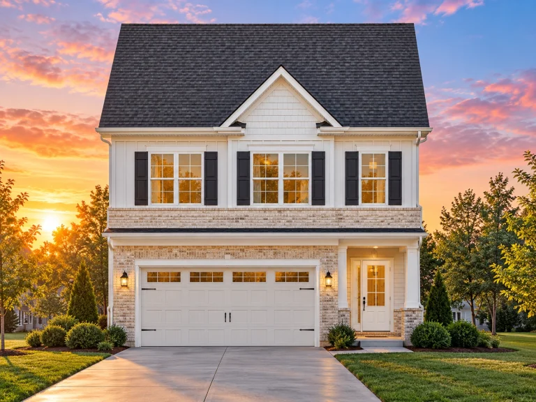 Cottage House Plans 3 Front elevation of a Traditional Colonial style two-story home featuring beige horizontal siding, dark shutters, and a front-entry garage.