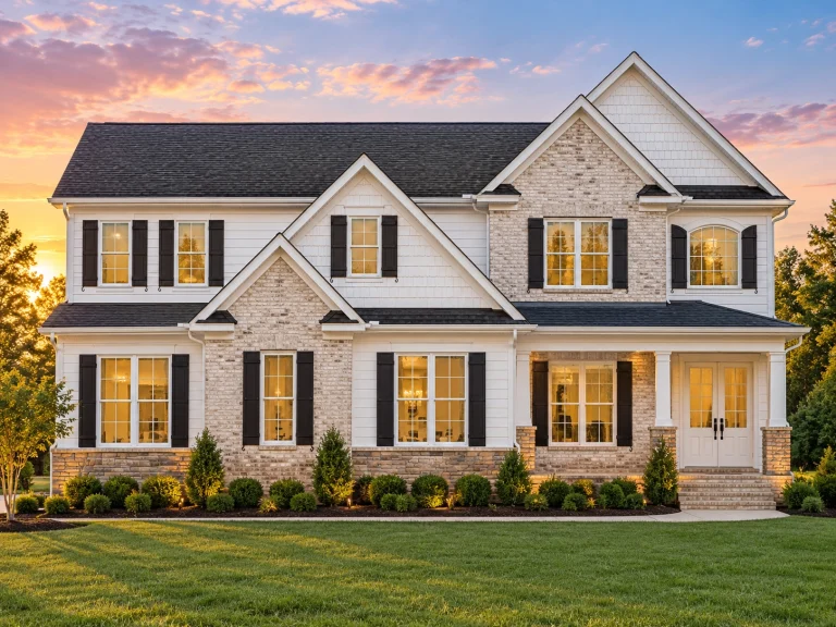 Front elevation of a New American style home featuring brick and horizontal siding, symmetrical windows, gabled rooflines, and traditional colonial detailing