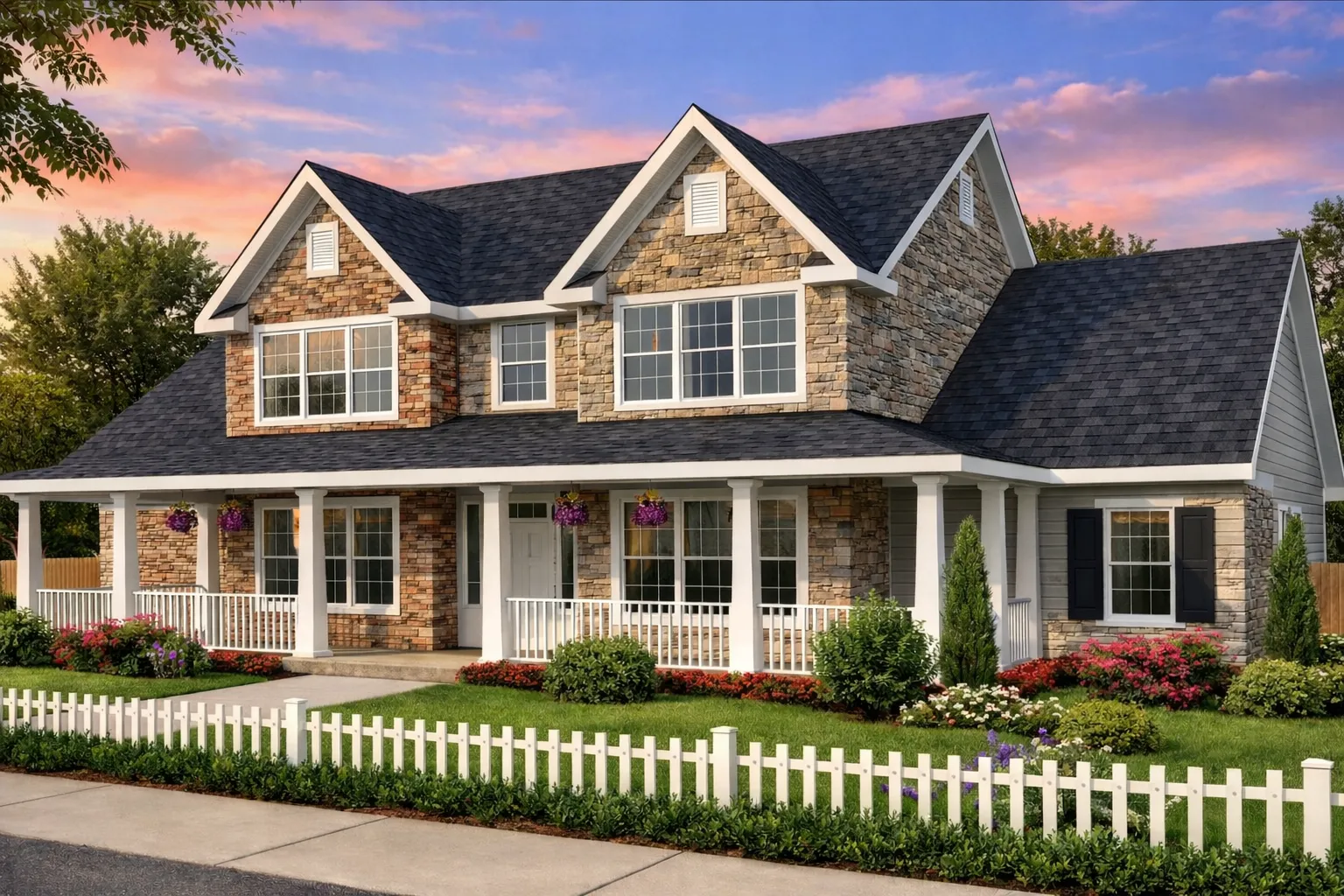 6 Bedroom House Plans 25 Front view of a Modern Farmhouse with white horizontal siding, black shutters, gabled rooflines, and a full covered front porch inspired by Colonial design.