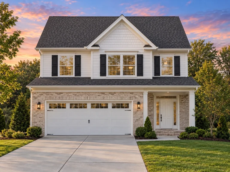 Front elevation of a Traditional Colonial style two-story home featuring beige horizontal siding, dark shutters, and a front-entry garage.