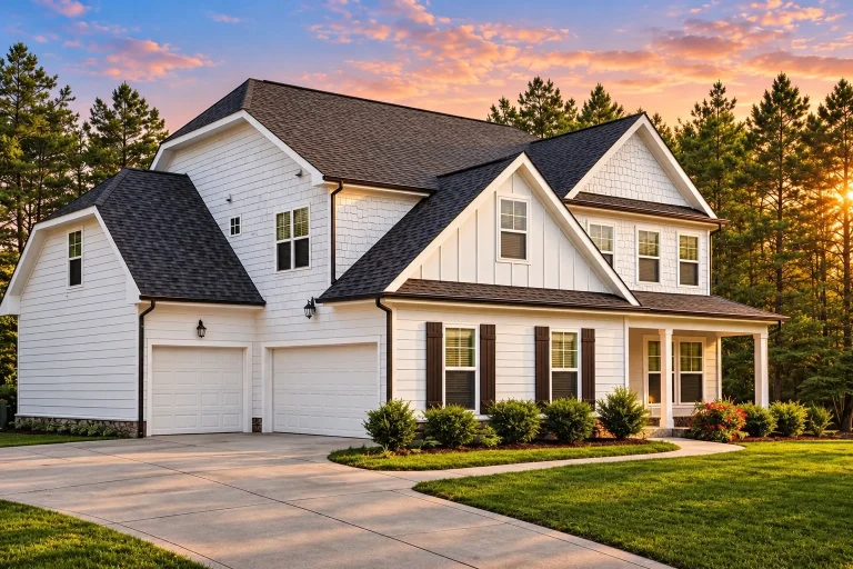 Cottage House Plans 11 Front exterior of a modern farmhouse style two-story home with white board and batten siding, black shutters, and attached garage
